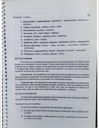 1) Sensoriales o hedonístlcos. Agradable - desagradable, placentero -
doloroso.
2) Vitales. Saludable - dañino, fuerte - débil.
3) Económicos. Lucrativo-oneroso.
4) Técnicos. Útil - Inútil, eficaz - Ineficaz.
5) Sociales. Solidario- egoísta, honor- deshonor.
6) Jurídicos. Justo - injusto,
7) Estéticos. Bello- espantoso, elegante- estrafalario, cómico- desgraciado.
8) Éticos (Morales). Bueno - malo, correcto - incorrecto, honesto -
deshonesto.
9) Teóricos o cognoscitivos. Verdad—falsedad, verosímil —inverosímil.
10) Religiosos. Santo-profano, piadoso-impío.
ACTITUD HUMANA
El hombre en suexistencia se encuentra con el mundo frente a él. Este mundo
puede ser consideradocomoel objeto. Frente a este objeto el hombre se ve expuesto
a desarrollar su actitud, esdecirsupredisposición a entrar en relación con este objeto.
Y al desarrollar dicha actitud es cuando se presentan los actos, los que pueden
constituir actos de ser y actos de valor.
Actos de ser. Son aquellosen loscualesel humano se relaciona con la realidad
para apropiarseygarantizarconellalapropiaexistencia (relación puramente práctica)
al margen de la preferencia y que pueden ser indiferentes al valor.
Actos devalor. Sonaquellosen loscualesel humanodesarrolla una preferencia
por la realidad o determinada realidad (relación valorativa). Aquí se presenta el acto
valorativo, el cual no es indiferente al valor sino que se muestra en estado de
compromiso, esto es, estar en la posibilidad de aceptación o rechazo.
ELACTO VALORATIVO
Se denominaexperienciavalorativa. Eslavivenciadel valor. Esel acto mediante
el cual se capta el valor o se le atribuye al objeto.
E lem en to s d el a c to va lo r a tivo
En el acto valorativo se presentan loselementos siguientes:
1) El sujetoquevalora. El serhumanocapaz de descubrirvalor oatribuirvalor
al objeto.
2) El objetoque sevalora. Este puede serunacto, una persona, la naturaleza
un hechoo una Idea. '
53
Filosofía y Lógica
 