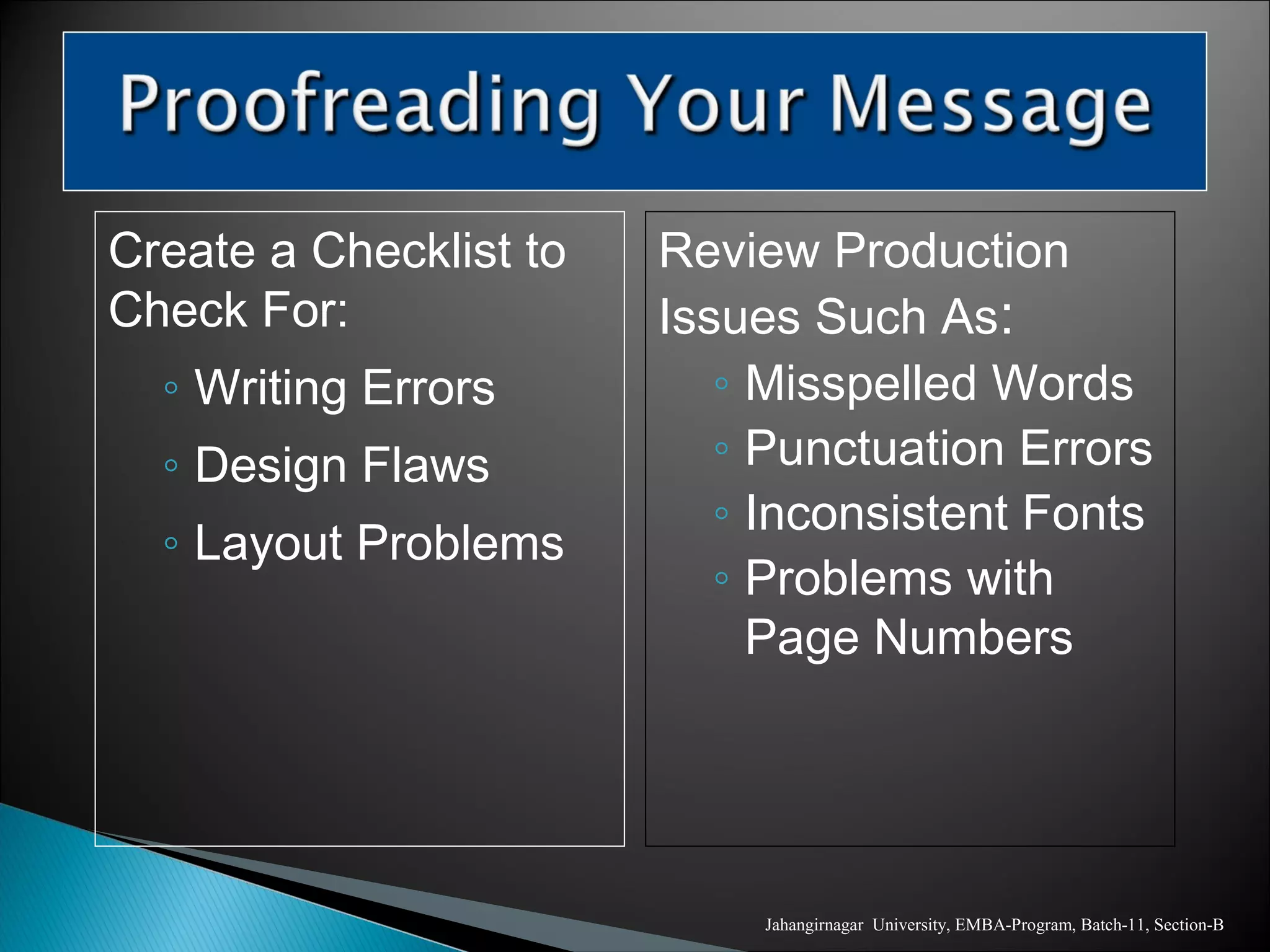 Create a Checklist to
Check For:
◦ Writing Errors
◦ Design Flaws
◦ Layout Problems
Review Production
Issues Such As:
◦ Misspelled Words
◦ Punctuation Errors
◦ Inconsistent Fonts
◦ Problems with
Page Numbers
Jahangirnagar University, EMBA-Program, Batch-11, Section-B
 