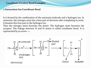 Coordinate Covalent Bond Examples
1.Ammonium Ion Coordinate Bond
It is formed by the combination of the ammonia molecule and a hydrogen ion. In
ammonia, the nitrogen atom has a lone pair of electrons after completing its octet.
It donates this lone pair to the hydrogen ion.
Thus the nitrogen atom becomes the donor. The hydrogen atom becomes the
acceptor. The linkage between N and H atoms is called coordinate bond. It is
represented by an arrow →.
 