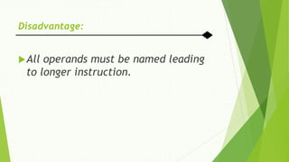Disadvantage:
All operands must be named leading
to longer instruction.
 