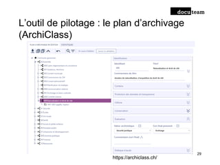 L’outil de pilotage : le plan d’archivage
(ArchiClass)
29
https://archiclass.ch/
 