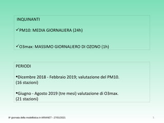 5
8a
giornata della modellistica in ARIANET - 27/01/2021
PERIODI
Dicembre 2018 - Febbraio 2019; valutazione del PM10.
(16 stazioni)
Giugno - Agosto 2019 (tre mesi) valutazione di O3max.
(21 stazioni)
INQUINANTI
PM10: MEDIA GIORNALIERA (24h)
O3max: MASSIMO GIORNALIERO DI OZONO (1h)
 