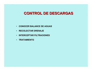 • CONOCER BALANCE DE AGUAS
• RECOLECTAR DRENAJE
• INTERCEPTAR FILTRACIONES
• TRATAMIENTO
CONTROL DE DESCARGASCONTROL DE DESCARGAS
 