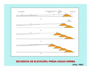 SECUENCIA DE ELEVACISECUENCIA DE ELEVACIÓÓN, PRESA AGUAS ARRIBAN, PRESA AGUAS ARRIBA
(Vick, 1983)
Poza decantadora
Playa de relave depositado con
grifos
Línea de
descarga de
relave
Dique de inicio
Dique
perimental
(a)
(b)
(c)
(d)
 