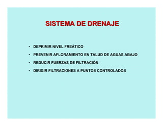 • DEPRIMIR NIVEL FREÁTICO
• PREVENIR AFLORAMIENTO EN TALUD DE AGUAS ABAJO
• REDUCIR FUERZAS DE FILTRACIÓN
• DIRIGIR FILTRACIONES A PUNTOS CONTROLADOS
SISTEMA DE DRENAJESISTEMA DE DRENAJE
 