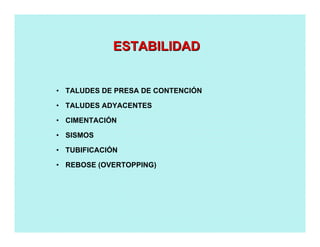 • TALUDES DE PRESA DE CONTENCIÓN
• TALUDES ADYACENTES
• CIMENTACIÓN
• SISMOS
• TUBIFICACIÓN
• REBOSE (OVERTOPPING)
ESTABILIDADESTABILIDAD
 