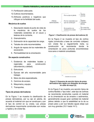 Diseño hidráulico y estructural de presas derivadoras
4
11.Fertilización adecuada.
12.Cultivos recomendados.
13.Atributos positivos o negativos que
influyan en la fertilidad del suelo.
Mecánica de suelos
1. Descripción desde el punto de vista de
la mecánica de suelos de los
materiales existentes en el cauce y
laderas de la corriente.
2. Granulometría.
3. Estimación de la capacidad de carga.
4. Taludes de corte recomendables.
5. Angulo de reposo de los materiales de
excavación.
6. Permeabilidad de la cimentación.
De aspecto constructivo
1. Existencia de materiales locales y
regionales para construcción
(abundancia y calidad).
2. Estructural.
3. Épocas del año recomendable para
trabajar.
4. Mano de obra especializada.
5. Caminos de acceso.
6. Maquinaria y equipo.
7. Transportes.
Tipos de presas derivadoras
En la Figura 1 se muestra la clasificación de
presas derivadoras, por su eje en planta, de
acuerdo al material con que se construyen y por
el tipo de control en su cresta. Las presas
derivadoras mayormente construidas son rectas
y rígidas y de cresta fija.
Figura 1. Clasificación de presas derivadoras (2)
En la Figura 2 se muestra el tipo de cortina
rígida (construida a base de concreto ciclópeo)
con cresta fija y regularmente recta, su
construcción se recomienda donde la
cimentación es poco profunda encontrándose
roca sana o material consolidado.
Figura 2. Esquema de sección típica de presa
derivadora tipo rígida con disipador de energía
en salto de esquí (2).
En la Figura 3 se muestra una sección típica de
cortina flexible o “tipo indio”, este tipo de cortinas
se recomienda construirlas cuando el material
en la cimentación es de arrastre o sedimentos,
generalmente ocupan gran cantidad de material
pétreo debido a que la estabilidad se la da su
propio peso y por sus taludes aguas abajo que
son muy grandes (10:1 hasta 14:1).
Por su eje en planta
Rectas
Curvas
Por los materiales con
que se construyen
Rígidas
Flexibles
Mixtas
De acuerdo a su
control en la cresta
De cresta fija
De cresta móvil
PRESA
DERIVADORA
Dentellón de concreto
Fond
 