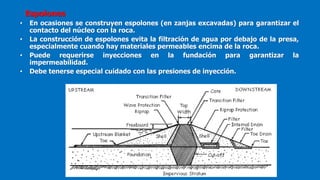 Espolones
• En ocasiones se construyen espolones (en zanjas excavadas) para garantizar el
contacto del núcleo con la roca.
• La construcción de espolones evita la filtración de agua por debajo de la presa,
especialmente cuando hay materiales permeables encima de la roca.
• Puede requerirse inyecciones en la fundación para garantizar la
impermeabilidad.
• Debe tenerse especial cuidado con las presiones de inyección.
 
