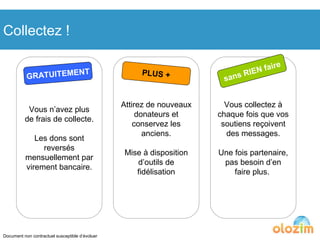 Collectez ! Vous n’avez plus de frais de collecte. Les dons sont reversés mensuellement par virement bancaire. Attirez de nouveaux donateurs et conservez les anciens. Mise à disposition d’outils de fidélisation Vous collectez à chaque fois que vos soutiens reçoivent des messages. Une fois partenaire, pas besoin d’en faire plus.  GRATUITEMENT PLUS + sans RIEN faire Document non contractuel susceptible d’évoluer 