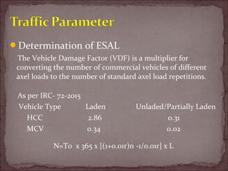 Determination of ESAL
The Vehicle Damage Factor (VDF) is a multiplier for
converting the number of commercial vehicles of different
axel loads to the number of standard axel load repetitions.
As per IRC- 72-2015
Vehicle Type Laden Unladed/Partially Laden
HCC 2.86 0.31
MCV 0.34 0.02
N=T0 x 365 x [(1+0.01r)n -1/0.01r] x L
 