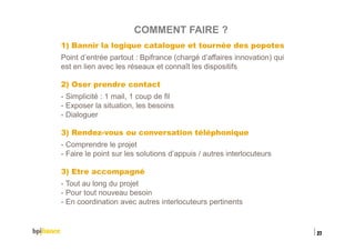 15/02/2016
27
Titre de la présentation
1) Bannir la logique catalogue et tournée des popotes
Point d’entrée partout : Bpifrance (chargé d’affaires innovation) qui
est en lien avec les réseaux et connaît les dispositifs
2) Oser prendre contact
- Simplicité : 1 mail, 1 coup de fil
- Exposer la situation, les besoins
- Dialoguer
3) Rendez-vous ou conversation téléphonique
- Comprendre le projet
- Faire le point sur les solutions d’appuis / autres interlocuteurs
3) Etre accompagné
- Tout au long du projet
- Pour tout nouveau besoin
- En coordination avec autres interlocuteurs pertinents
COMMENT FAIRE ?
 