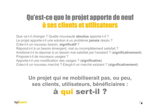 Qu’estQu’estQu’estQu’est----ce que le projet apporte de neufce que le projet apporte de neufce que le projet apporte de neufce que le projet apporte de neuf
à ses clients et utilisateursà ses clients et utilisateursà ses clients et utilisateursà ses clients et utilisateurs
Que va-t-il changer ? Quelle nouveauté absolue apporte-t-il ?
Le projet apporte-t-il une solution à un problème jamais résolu ?
Crée-t-il un nouveau besoin, significatif ?
Répond-t-il à un besoin émergent, mal ou incomplètement satisfait ?
Améliore-t-il la réponse à un besoin mal satisfait par l’existant ? (significativement)
Propose-t-il de nouveaux usages ?
Apporte-t-il une modification des usages ? (significative)
Crée-t-il un nouveau marché ? Elargit-il un marché existant ? (significativement)
Un projet qui ne mobiliserait pas, ou peu,
ses clients, utilisateurs, bénéficiaires :
à qui sert-il ?
15/02/2016
6
 