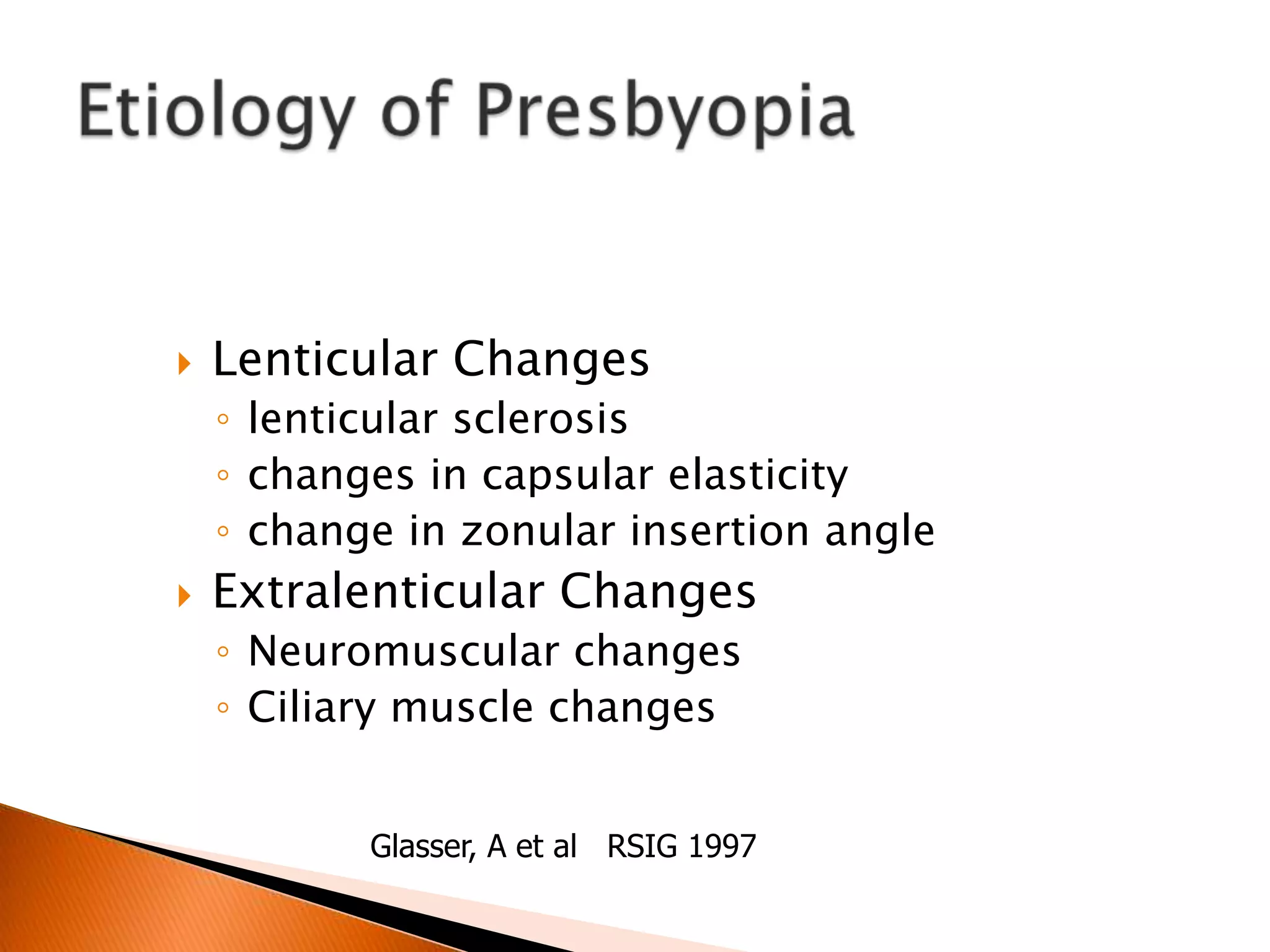 

Lenticular Changes
◦ lenticular sclerosis
◦ changes in capsular elasticity
◦ change in zonular insertion angle



Extralenticular Changes
◦ Neuromuscular changes
◦ Ciliary muscle changes
Glasser, A et al RSIG 1997

 