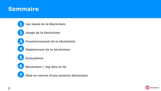 Sommaire
2
1 Les bases de la blockchain
2 Usage de la blockchain
3 Fonctionnement de la blockchain
4 Déploiement de la blockchain
5 Ecosystéme
6 Blockchain / big data et IA
7 Mise en oeuvre d’une solution blockchain
 