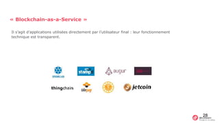 « Blockchain-as-a-Service »
Il s’agit d’applications utilisées directement par l’utilisateur final : leur fonctionnement
technique est transparent.
28
 