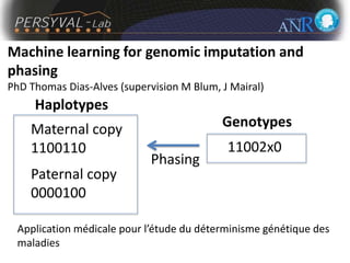 Machine learning for genomic imputation and
phasing
PhD Thomas Dias-Alves (supervision M Blum, J Mairal)
Maternal copy
1100110
Paternal copy
0000100
11002x0
Phasing
Application médicale pour l’étude du déterminisme génétique des
maladies
Haplotypes
Genotypes
 