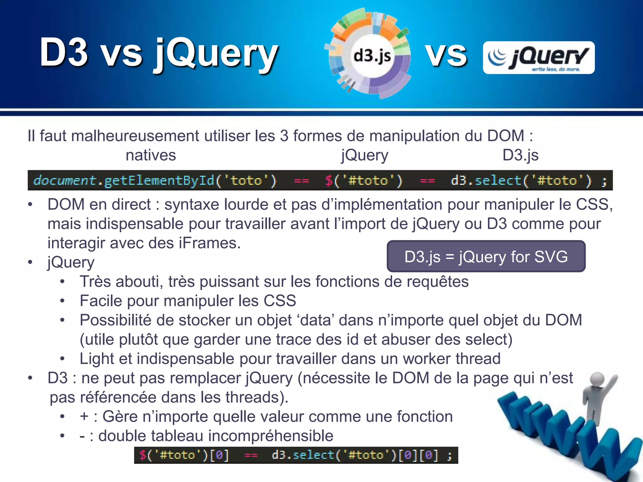 D3 vs jQuery vs 
Il faut malheureusement utiliser les 3 formes de manipulation du DOM : 
natives jQuery D3.js 
• DOM en direct : syntaxe lourde et pas d’implémentation pour manipuler le CSS, 
mais indispensable pour travailler avant l’import de jQuery ou D3 comme pour 
interagir avec des iFrames. 
• jQuery 
D3.js = jQuery for SVG 
• Très abouti, très puissant sur les fonctions de requêtes 
• Facile pour manipuler les CSS 
• Possibilité de stocker un objet ‘data’ dans n’importe quel objet du DOM 
(utile plutôt que garder une trace des id et abuser des select) 
• Light et indispensable pour travailler dans un worker thread 
• D3 : ne peut pas remplacer jQuery (nécessite le DOM de la page qui n’est 
pas référencée dans les threads). 
• + : Gère n’importe quelle valeur comme une fonction 
• - : double tableau incompréhensible 
 