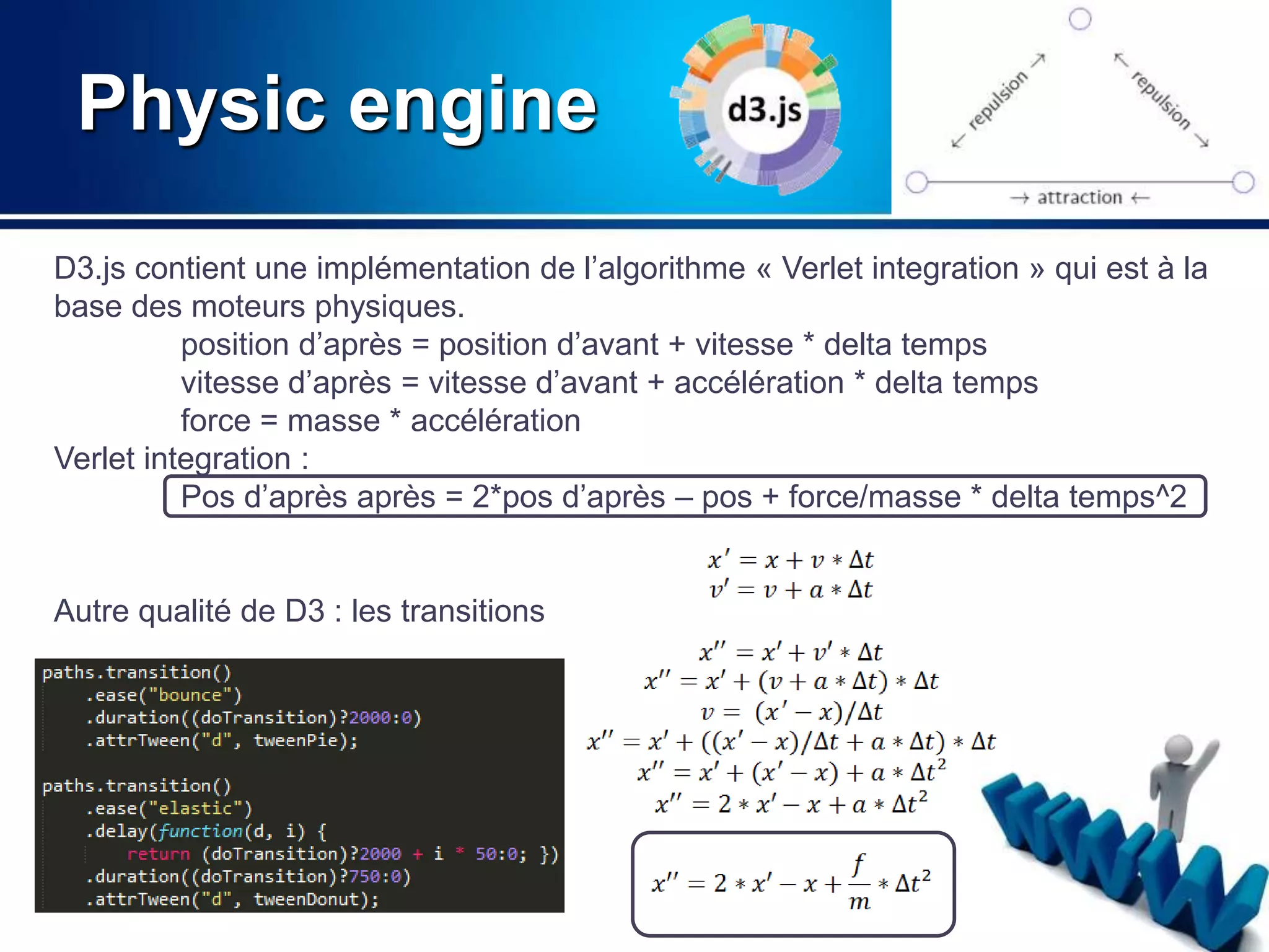Physic engine 
D3.js contient une implémentation de l’algorithme « Verlet integration » qui est à la 
base des moteurs physiques. 
position d’après = position d’avant + vitesse * delta temps 
vitesse d’après = vitesse d’avant + accélération * delta temps 
force = masse * accélération 
Verlet integration : 
Pos d’après après = 2*pos d’après – pos + force/masse * delta temps^2 
Autre qualité de D3 : les transitions 
 