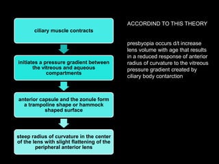 ciliary muscle contracts 
initiates a pressure gradient between 
the vitreous and aqueous 
compartments 
anterior capsule and the zonule form 
a trampoline shape or hammock 
shaped surface 
steep radius of curvature in the center 
of the lens with slight flattening of the 
peripheral anterior lens 
ACCORDIND TO THIS THEORY 
presbyopia occurs d/t increase 
lens volume with age that results 
in a reduced response of anterior 
radius of curvature to the vitreous 
pressure gradient created by 
ciliary body contarction 
 
