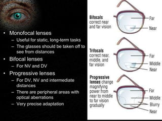 • Monofocal lenses 
– Useful for static, long-term tasks 
– The glasses should be taken off to 
see from distances 
• Bifocal lenses 
– For NV and DV 
• Progressive lenses 
– For DV, NV and intermediate 
distances 
– There are peripheral areas with 
optical aberrations 
– Very precise adaptation 
 