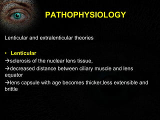 PATHOPHYSIOLOGY 
Lenticular and extralenticular theories 
• Lenticular 
sclerosis of the nuclear lens tissue, 
decreased distance between ciliary muscle and lens 
equator 
lens capsule with age becomes thicker,less extensible and 
brittle 
 