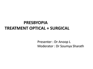 PRESBYOPIA
TREATMENT OPTICAL + SURGICAL
Presenter : Dr Anoop L
Moderator : Dr Soumya Sharath
 