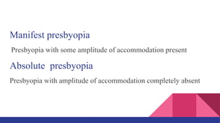 Manifest presbyopia
Presbyopia with some amplitude of accommodation present
Absolute presbyopia
Presbyopia with amplitude of accommodation completely absent
 