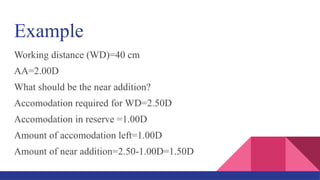 Example
Working distance (WD)=40 cm
AA=2.00D
What should be the near addition?
Accomodation required for WD=2.50D
Accomodation in reserve =1.00D
Amount of accomodation left=1.00D
Amount of near addition=2.50-1.00D=1.50D
 
