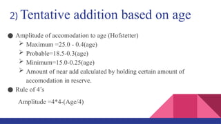 2) Tentative addition based on age
● Amplitude of accomodation to age (Hofstetter)
 Maximum =25.0 - 0.4(age)
 Probable=18.5-0.3(age)
 Minimum=15.0-0.25(age)
 Amount of near add calculated by holding certain amount of
accomodation in reserve.
● Rule of 4’s
Amplitude =4*4-(Age/4)
 