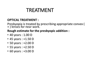 TREATMENT
OPTICAL TREATMENT :
Presbyopia is treated by prescribing appropriate convex (
+ ) lenses for near work.
Rough estimate for the presbyopic addition :
• 40 years : 1.00 D
• 45 years : +1.50 D
• 50 years : +2.00 D
• 55 years : +2.50 D
• 60 years : +3.00 D
 