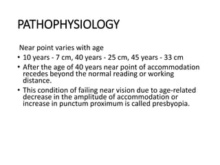 PATHOPHYSIOLOGY
Near point varies with age
• 10 years - 7 cm, 40 years - 25 cm, 45 years - 33 cm
• After the age of 40 years near point of accommodation
recedes beyond the normal reading or working
distance.
• This condition of failing near vision due to age-related
decrease in the amplitude of accommodation or
increase in punctum proximum is called presbyopia.
 
