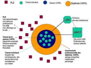 LMS cafel.fr Site miroir Cafel  Publication des travaux collectifs  Contenus  site web institutionnel  Tutorat individuel  Acquérir des connaissances, des savoirs-faire et de compétences  Les valider  Tutorat de la session CAFEL  Apprendre ensemble Produire ensemble Nous organiser  Mutualiser  PLE mes apprentissages mon parcours professionnel  ma veille  mon affichage sur  le web  …  Communauté professionnelle des diplômés  CAFEL  partage d’expertise collaboration  parrainage  Tutorat individuel  Session CAFEL   Diplômés CAFEL PLE   