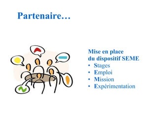 Partenaire…   Mise en place du dispositif SEME  S tages  E mploi M ission  E xpérimentation  