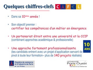 Quelques chiffres-clefs   Dans sa   10 ième  année   !  Son objectif premier :  certifier les compétences d’un métier en émergence  Un partenariat étroit entre une université et la CCIP   (combinant approches académique & professionelle)  Une approche fortement professionnalisante  (les candidats entrent avec un projet d’application servant de  pivot à toute leur formation– plus de   140 projets   réalisés)   