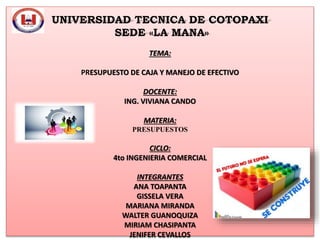 UNIVERSIDAD TECNICA DE COTOPAXI
SEDE «LA MANA»
TEMA:
PRESUPUESTO DE CAJA Y MANEJO DE EFECTIVO
DOCENTE:
ING. VIVIANA CANDO
MATERIA:
PRESUPUESTOS
CICLO:
4to INGENIERIA COMERCIAL
INTEGRANTES
ANA TOAPANTA
GISSELA VERA
MARIANA MIRANDA
WALTER GUANOQUIZA
MIRIAM CHASIPANTA
JENIFER CEVALLOS
 