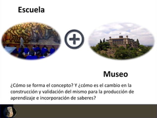 Escuela




                                          Museo
¿Cómo se forma el concepto? Y ¿cómo es el cambio en la
construcción y validación del mismo para la producción de
aprendizaje e incorporación de saberes?
 