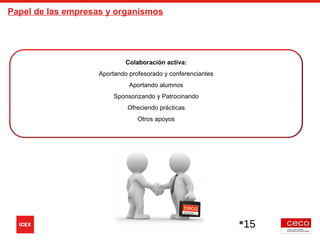 Papel de las empresas y organismos
Colaboración activa:
Aportando profesorado y conferenciantes
Aportando alumnos
Sponsorizando y Patrocinando
Ofreciendo prácticas
Otros apoyos
15
 