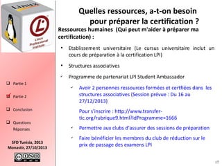 Quelles ressources, a-t-on besoin
pour préparer la certification ?

Ressources humaines (Qui peut m'aider à préparer ma
certification) :
●

Etablissement universitaire (Le cursus universitaire inclut un
cours de préparation à la certification LPI)

●

✔

 Partie 1

Structures associatives
Programme de partenariat LPI Student Ambassador
✔

 Partie 2

 Conclusion

Pour s'inscrire : http://www.transfertic.org/rubrique9.html?idProgramme=1666

 Questions
Réponses

✔

✔

SFD Tunisia, 2013
Monastir, 27/10/2013

Avoir 2 personnes ressources formées et certfiées dans les
structures associatives (Session prévue : Du 16 au
27/12/2013)

Permettre aux clubs d'assurer des sessions de préparation
Faire bénéficier les membres du club de réduction sur le
prix de passage des examens LPI
17

 