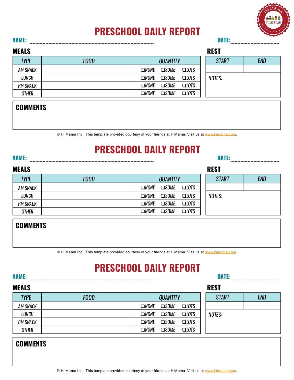 Preschool Daily Sheet