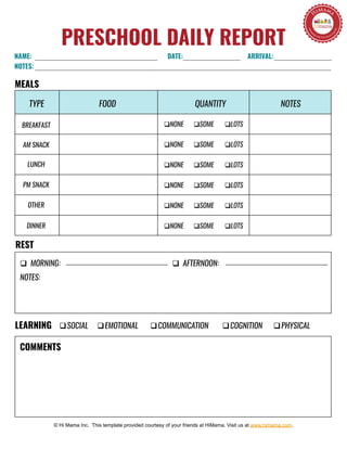 PRESCHOOL DAILY REPORT
NAME:
NOTES:
DATE:
MEALS
© Hi Mama Inc. This template provided courtesy of your friends at HiMama. Visit us at www.himama.com.
ARRIVAL:
LEARNING q SOCIAL q EMOTIONAL q COMMUNICATION q COGNITION q PHYSICAL
TYPE FOOD
q NONE q SOME q LOTS
QUANTITY
BREAKFAST
LUNCH
PM SNACK
OTHER
DINNER
AM SNACK q NONE q SOME q LOTS
q NONE q SOME q LOTS
q NONE q SOME q LOTS
q NONE q SOME q LOTS
q NONE q SOME q LOTS
NOTES
REST
q  MORNING: q  AFTERNOON:
NOTES:
COMMENTS
 
