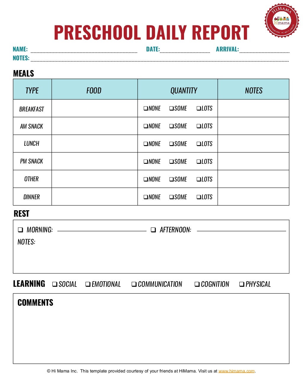 Preschool Daily Sheet