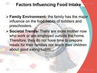 Factors Influencing Food Intake
 Family Environment- the family has the major
influence on the food habits of toddlers and
preschoolers.
 Societal Trends- There are more mother now
who work or are employed outside the home.
Therefore, they do not have time to prepare
meals for their families nor teach their children
about good eating habits.

 