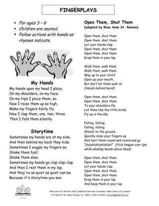 For ages 3 – 6
Children are seated.
Follow actions with hands as
rhymes indicate.
My Hands
My hands upon my head I place,
On my shoulders, on my face;
On my hips I place them, so.
Now I raise them up so high,
Make my fingers fairly fly.
Now I clap them, one, two, three,
Then I fold them silently.
Storytime
Sometimes my hands are at my side.
And then behind my back they hide.
Sometimes I wiggle my fingers so.
Shake them fast.
Shake them slow.
Sometimes my hands go clap clap clap.
And then I rest them in my lap.
And they're as quiet as quiet can be.
Because it's storytime you see.
FINGERPLAYS
Open Them, Shut Them
(adapted by Rose Anne St. Romain)
Open them, shut them
Open them, shut them.
Let your hands clap.
Open them, shut them.
Open them, shut them.
Drop them in your lap.
Walk them, walk them.
Walk them, walk them.
Way up to your chin.P
Open up your mouth,
But don’t let them walk in!
(Hands behind back!)
Open them, shut them.
Open them, shut them.
To your shoulders fly.
Let them like the little birds,
Fly up in the sky.
Falling, falling.
Falling, falling.
Almost to the ground.
Quickly raise your fingers up
And twirl them round and round and go
“bluluhluhluhluhluh!” (flick tongue over lips
while shaking hands above head)
Open them, shut them.
Open them, shut them.
Let your hands clap.
Open them, shut them.
Open them, shut them.
Drop them in your lap.
And keep them in your lap.
Rose Anne St. Romain, Early Childhood Services Consultant, State Library of Louisiana
701 North 4th St., Baton Rouge, LA 70802 (225) 219-9502 rstromai@state.lib.la.us
 