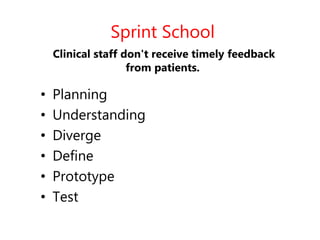 Sprint School
Clinical staff don't receive timely feedback
from patients.
• Planning
• Understanding
• Diverge
• Define
• Prototype
• Test
 