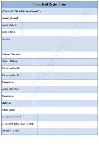 Pre-School Registration Fillable PDF Form Template
