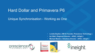 Hard Dollar and Primavera P6
Unique Synchronisation - Working as One
• Loretta Bayliss ( MD & Founder, Prescience Technology )
• Ian Watt ( Regional Director – APAC, InEight )
• Michael Maslen ( Solutions Director - APAC, InEight )
 
