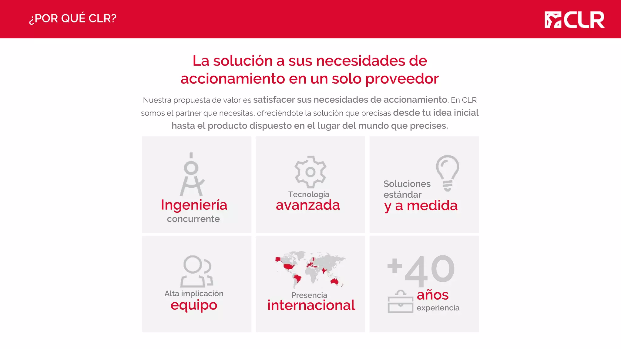 ¿POR QUÉ CLR?
La solución a sus necesidades de
accionamiento en un solo proveedor
Nuestra propuesta de valor es satisfacer sus necesidades de accionamiento. En CLR
somos el partner que necesitas, ofreciéndote la solución que precisas desde tu idea inicial
hasta el producto dispuesto en el lugar del mundo que precises.
años
experiencia
+40
Ingeniería
concurrente
Presencia
internacional
Alta implicación
equipo
Soluciones
estándar
y a medidaavanzada
Tecnología
 