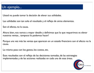 Un ejemplo...

Usted no puede tomar la decisión de elevar sus utilidades.

Las utilidades son tan solo el resultado y el reﬂejo de otros elementos.

Son el efecto, no la causa.

Ahora bien, nos vamos a mayor detalle y deﬁnimos que lo que requerimos es elevar
nuestras ventas... tampoco lo podemos hacer!

Porque una vez más las ventas que aparecen en un estado ﬁnanciero son el efecto no la
causa.

Lo mismo pasa con los gastos, los costos, etc.

Esos resultados son el reﬂejo de las decisiones tomadas, de las estrategias
implementadas y de las acciones realizadas en cada una de esas áreas.
 