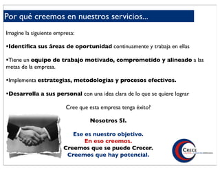 Por qué creemos en nuestros servicios...
Imagine la siguiente empresa:

•Identiﬁca sus áreas de oportunidad continuamente y trabaja en ellas
•Tiene un equipo de trabajo motivado, comprometido y alineado a las
metas de la empresa.

•Implementa estrategias, metodologías y procesos efectivos.
•Desarrolla a sus personal con una idea clara de lo que se quiere lograr
                         Cree que esta empresa tenga éxito?

                                  Nosotros SI.

                           Ese es nuestro objetivo.
                               En eso creemos.
                        Creemos que se puede Crecer.
                         Creemos que hay potencial.
 
