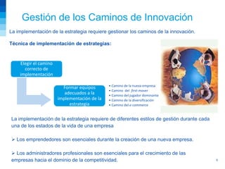 Gestión de los Caminos de Innovación
La implementación de la estrategia requiere gestionar los caminos de la innovación.

Técnica de implementación de estrategias:


    Elegir el camino
      correcto de
    implementación

                                              • Camino de la nueva empresa
                         Formar equipos
                                              • Camino del first-mover
                          adecuados a la      • Camino del jugador dominante
                       implementación de la   • Camino de la diversificación
                            estrategia        • Camino del e-commerce


La implementación de la estrategia requiere de diferentes estilos de gestión durante cada
una de los estados de la vida de una empresa

 Los emprendedores son esenciales durante la creación de una nueva empresa.

 Los administradores profesionales son esenciales para el crecimiento de las
empresas hacia el dominio de la competitividad.                                             9
 